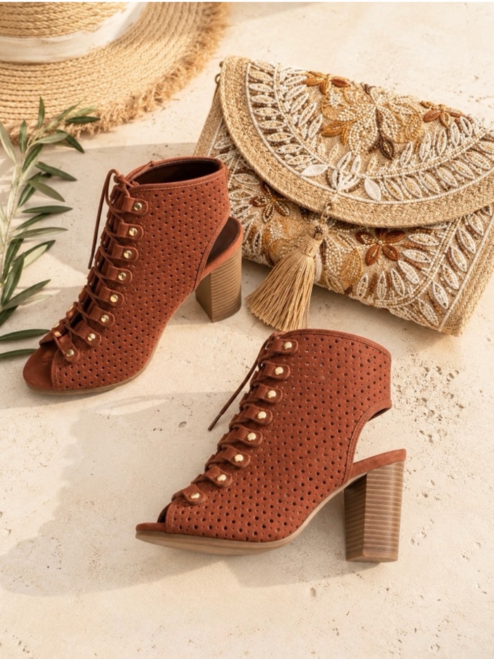 Heels perforated peep toe ankle boots booties laser cut brown orange block heel